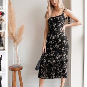 Terrace Views Black Floral Print Tiered Midi Dress